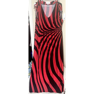 Nikki Poulos Maxi Dress Sleeveless Red Black stretchy sz XL long Cruise Beach